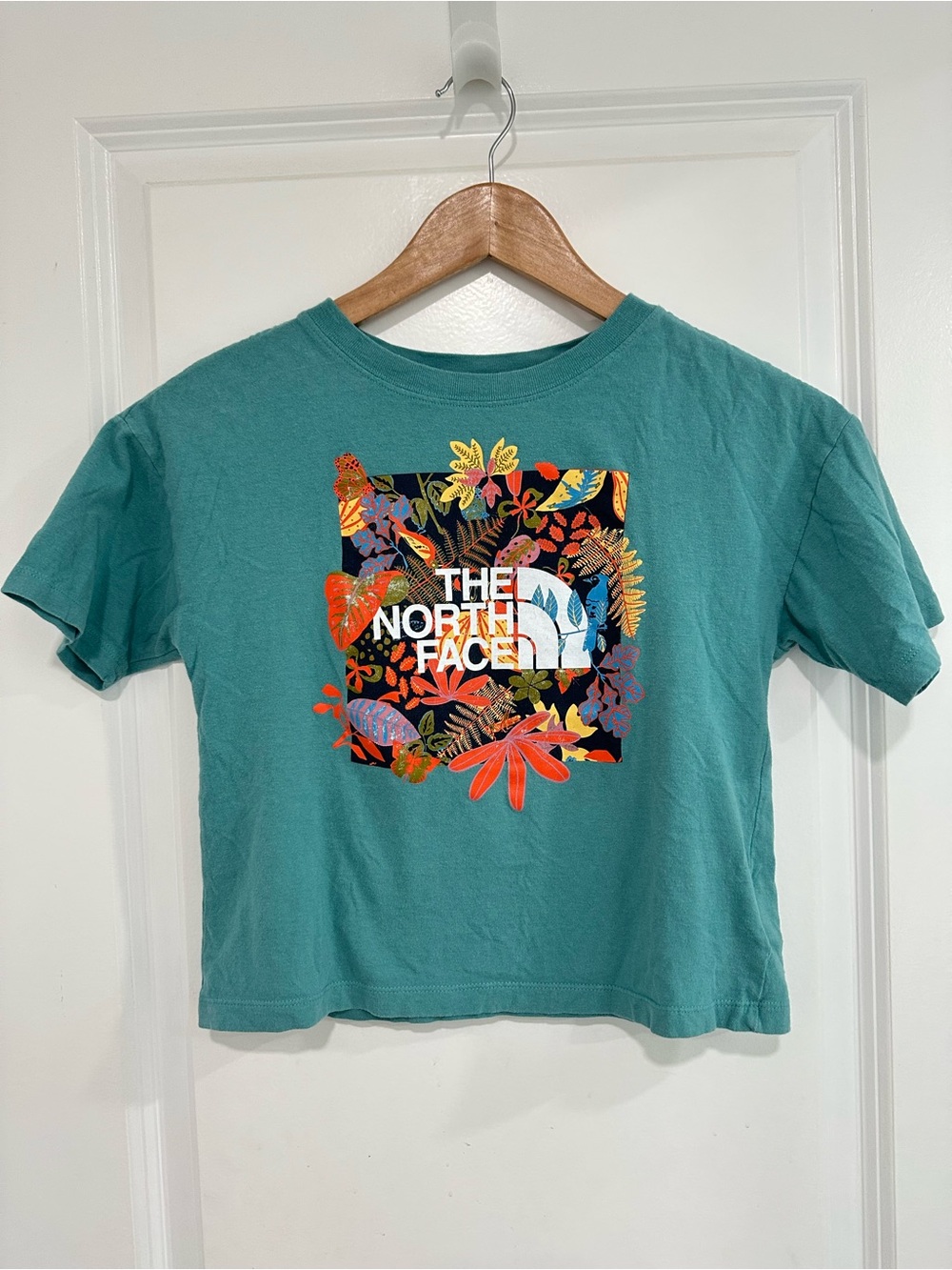 The North Face Girls Teal Floral Logo Tee 100% Cotton Size Girls Medium 10/12